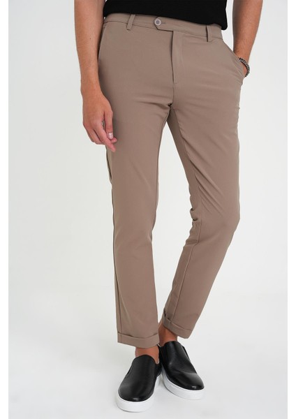 Comfort Fit Beli Lastikli Yan Cep Bej Jogger Pantolon P 1150