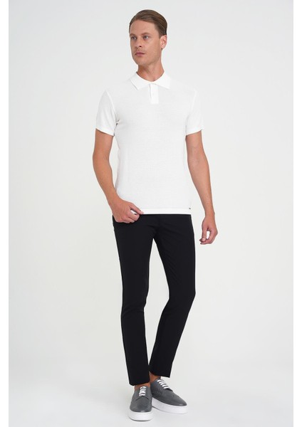 Slim Fit Yan Cepli Esnek Düz Siyah Pamuk Pantolon P 1197
