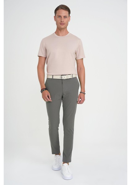 Slim Fit Yan Cepli Esnek Düz Haki Pamuk Pantolon P 1197