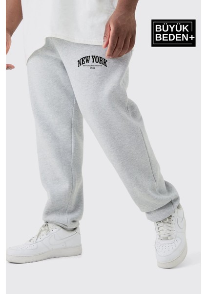 Erkek Büyük Beden Paça Lastikli New York Baskılı Ince Eşofman Altı SPR25BEA48