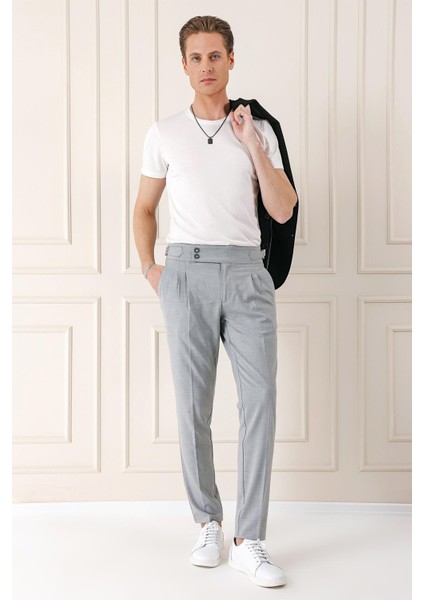 Comfort Fit Çift Pile Yandan Tokalı Yüksek Bel Casuel Gri Pantolon P 1153