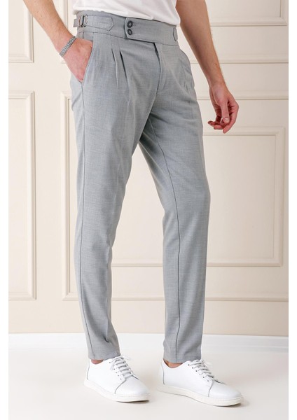 Comfort Fit Çift Pile Yandan Tokalı Yüksek Bel Casuel Gri Pantolon P 1153 modelleri