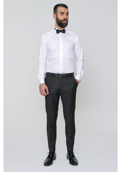 Slim Fit Pilesiz Yan Cepli Esnek Yün Siyah Kumaş Pantolon P 1091