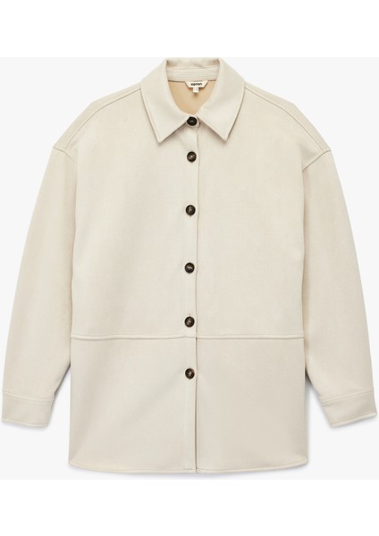 Kruvaze Yaka Uzun Kollu Düğmeli Suni Süet Gömlek Ceket