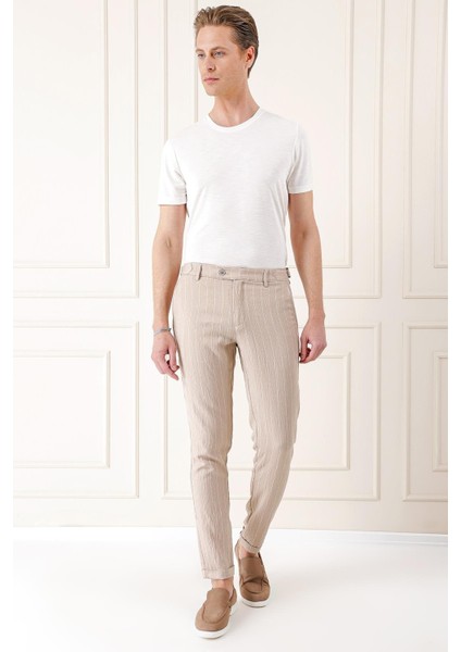 Comfort Fit Yandan Tokalı Çizgili Keten Casuel Bej Pantolon P 1151