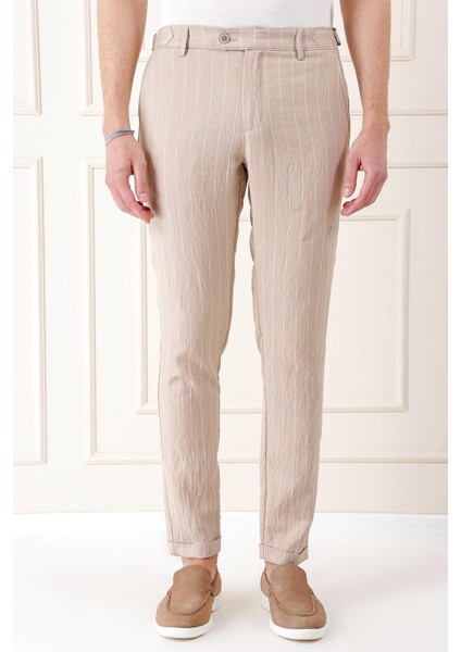 Comfort Fit Yandan Tokalı Çizgili Keten Casuel Bej Pantolon P 1151 fiyatları