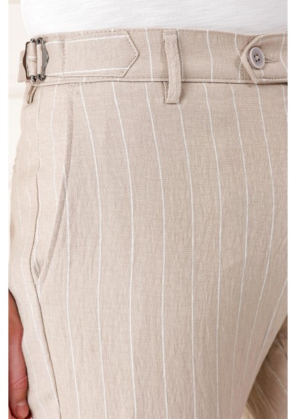 Comfort Fit Yandan Tokalı Çizgili Keten Casuel Bej Pantolon P 1151 fırsatları