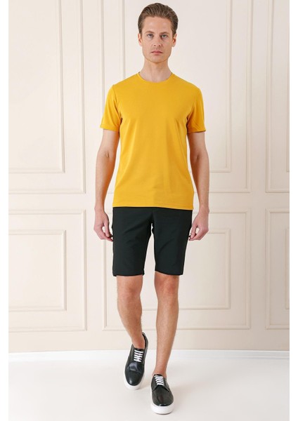 Bermuda 034 Slim Fit Beli Lastikli Gofre Pamuklu Casuel Siyah Şort