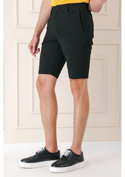 Bermuda 034 Slim Fit Beli Lastikli Gofre Pamuklu Casuel Siyah Şort modelleri
