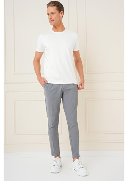 Comfort Fit Gofre Kumaş Pileli Pamuk Casuel Gri Pantolon P 1148