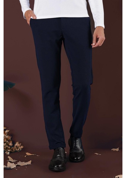 Slim Fit Yan Cepli Dokulu Esnek Casuel Lacivert Pantolon P 1139
