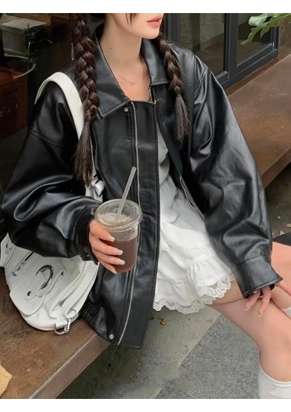 Vintage Kadın Oversize Siyah Deri Ceket