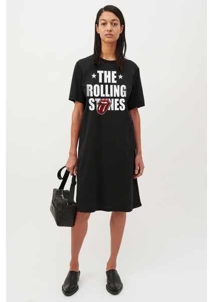 Rolling Stones Siyah Kısa Kol Diz Üstü Orta Boy Penye Elbise
