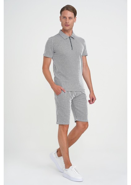 Comfort Fit Bağcıklı Bel Çizgili Pamuk Casuel Siyah Şort Bermuda 038