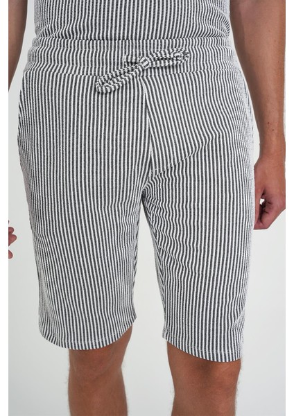 Comfort Fit Bağcıklı Bel Çizgili Pamuk Casuel Siyah Şort Bermuda 038 fırsatları