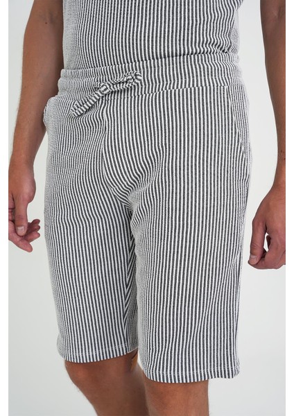 Comfort Fit Bağcıklı Bel Çizgili Pamuk Casuel Siyah Şort Bermuda 038 indirimleri