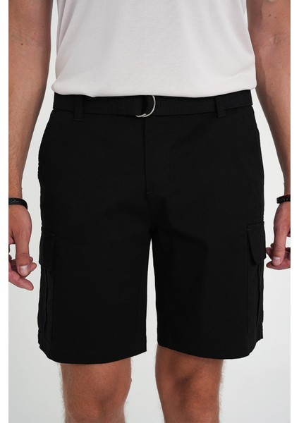 Comfort Fit Beli Kemerli Kargo Cep Pamuk Casuel Siyah Şort Bermuda 039 fiyatları