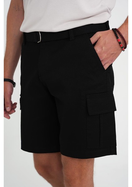 Comfort Fit Beli Kemerli Kargo Cep Pamuk Casuel Siyah Şort Bermuda 039 modelleri