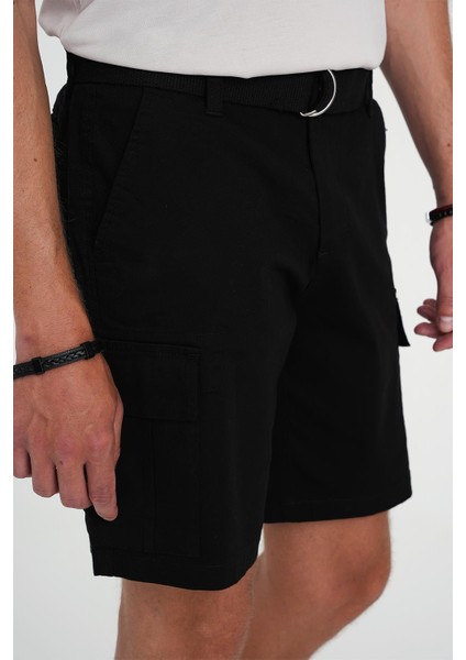 Comfort Fit Beli Kemerli Kargo Cep Pamuk Casuel Siyah Şort Bermuda 039 fırsatları