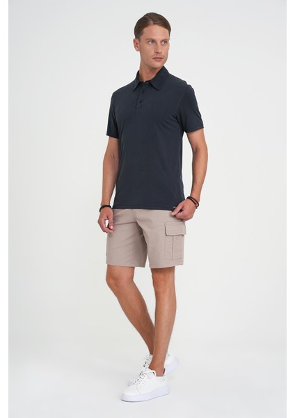 Comfort Fit Beli Kemerli Kargo Cep Pamuk Casuel Bej Şort Bermuda 039