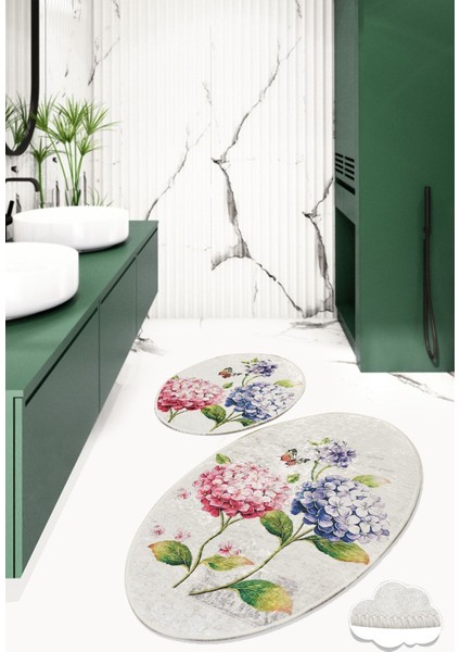 Kırmızı Ortanca Desenli Kaymaz Tabanlı Banyo Klozet Takımı - Orta Hav Yüksekliği ile 2'li Set