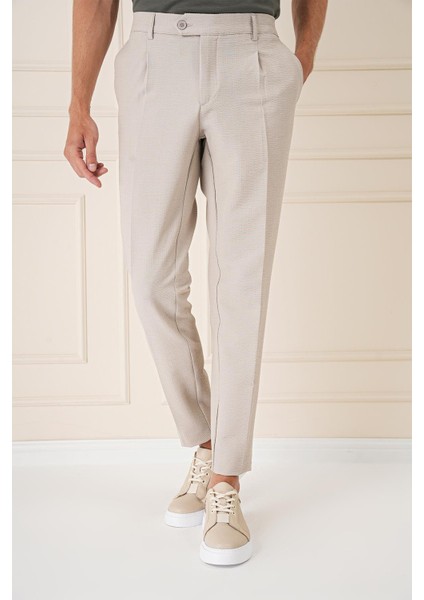 Comfort Fit Gofre Kumaş Pileli Pamuk Casuel Bej Pantolon P 1148 modelleri
