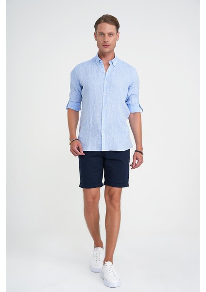 Comfort Fit Bağcıklı ve Lastikli Bel Esnek Pamuk Casuel Lacivert Şort Bermuda 036