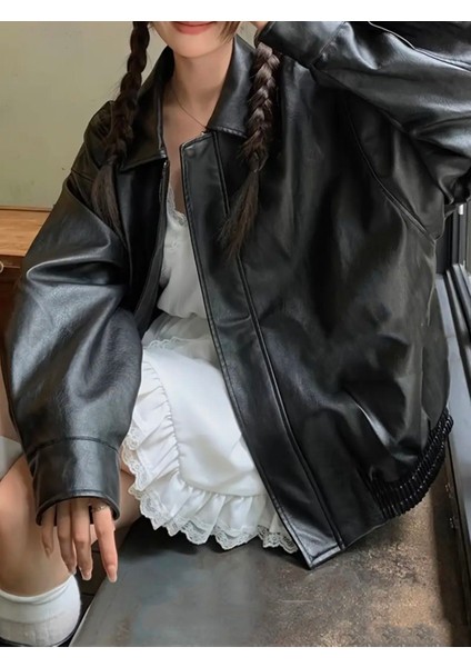 Vintage Kadın Oversize Siyah Deri Ceket fiyatları