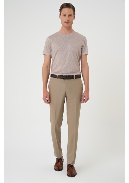 Slim Fit Pilesiz Yün Klasik Koyu Bej Kumaş Pantolon P 1191