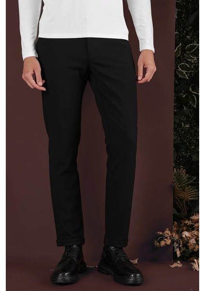 Slim Fit Yan Cepli Dokulu Esnek Casuel Siyah Pantolon P 1139