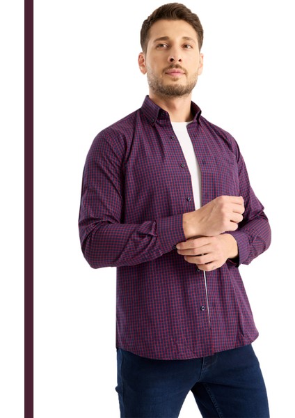 Casual Geniş Kalıp Lacivert Küçük Kareli Uzun Kollu Cepli Pamuklu Erkek Gömlek Yaka Düğmeli