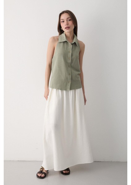 Kadın Yakalı Sıfır Kol Sırt Kısmı Acık Lastikli Keten Bluz fiyatları