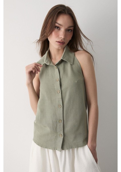 Kadın Yakalı Sıfır Kol Sırt Kısmı Acık Lastikli Keten Bluz modelleri