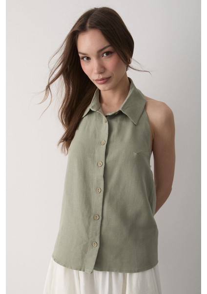 Kadın Yakalı Sıfır Kol Sırt Kısmı Acık Lastikli Keten Bluz indirimleri