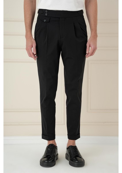 Comfort Fit Beli Tokalı Çift Pileli Siyah Jogger Pantolon P 1172