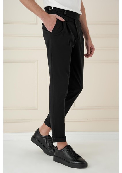 Comfort Fit Beli Tokalı Çift Pileli Siyah Jogger Pantolon P 1172 fırsatları