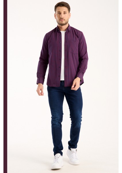 Casual Geniş Kalıp Lacivert Küçük Kareli Uzun Kollu Cepli Pamuklu Erkek Gömlek Yaka Düğmeli modelleri