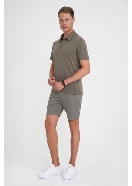 Comfort Fit Bağcıklı ve Lastikli Bel Esnek Pamuk Casuel Haki Şort Bermuda 036