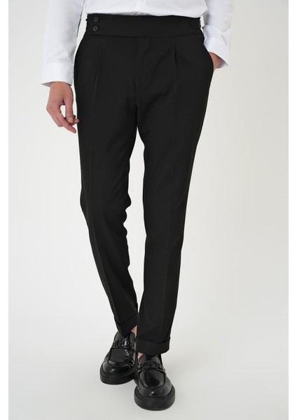 Comfort Fit Beli Tokalı Pileli Siyah Jogger Pantolon P 1170
