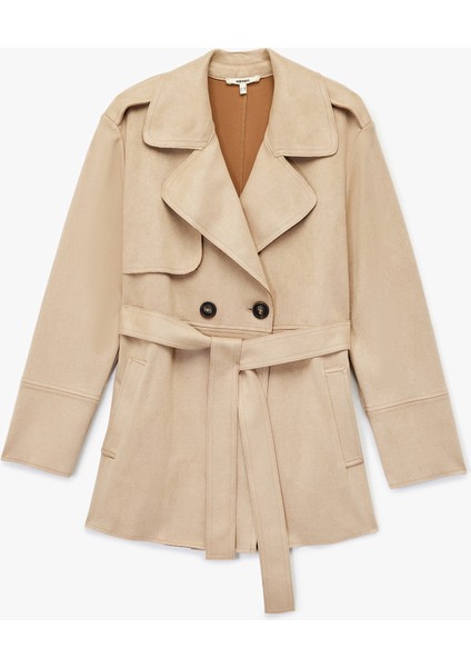 Kruvaze Uzun Kollu Kemerli Suni Süet Trençkot