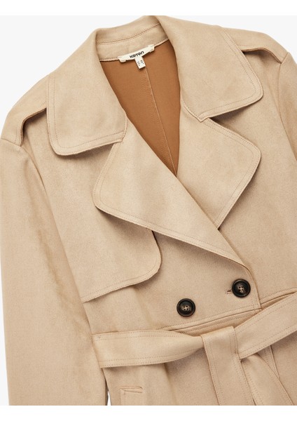 Kruvaze Uzun Kollu Kemerli Suni Süet Trençkot modelleri