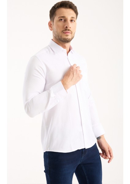 Erkek Gömlek Beyaz Uzun Kollu Pamuklu Çizgili Tek Cepli Günlük Şık Klasik Model