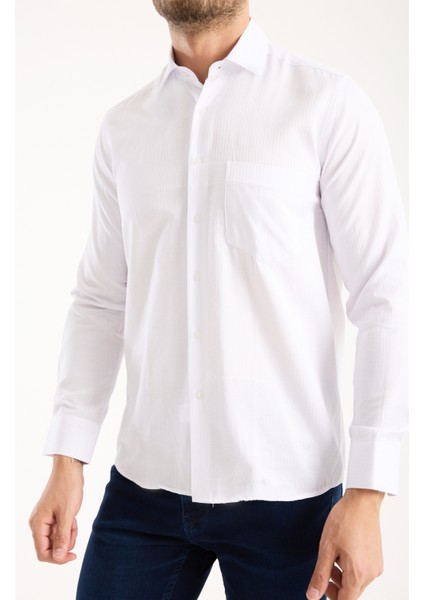 Erkek Gömlek Beyaz Uzun Kollu Pamuklu Çizgili Tek Cepli Günlük Şık Klasik Model fırsatları