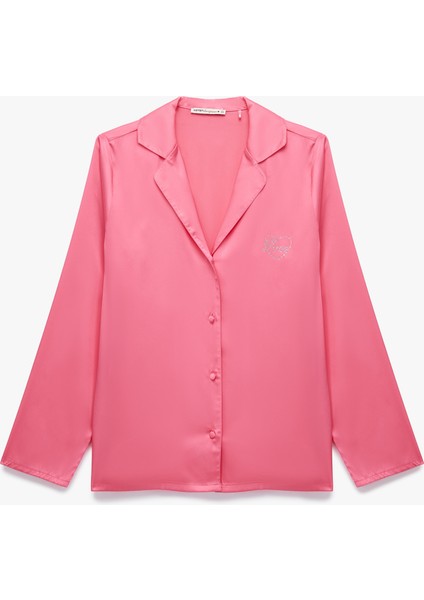 Uzun Kollu Kalpli Gömlek Yaka Saten Pijama Üstü