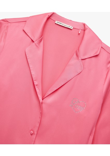 Uzun Kollu Kalpli Gömlek Yaka Saten Pijama Üstü modelleri