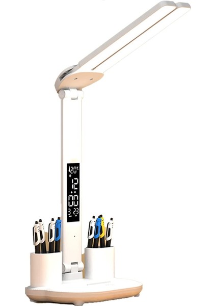 Ht-30 Çok Işlevli Şarjlı Dokunmatik LED Masa Lambası Dijital Saat Ayarlanabilir Çift Kafa Sarı Beyaz Işık Kalemlik 3 Mod