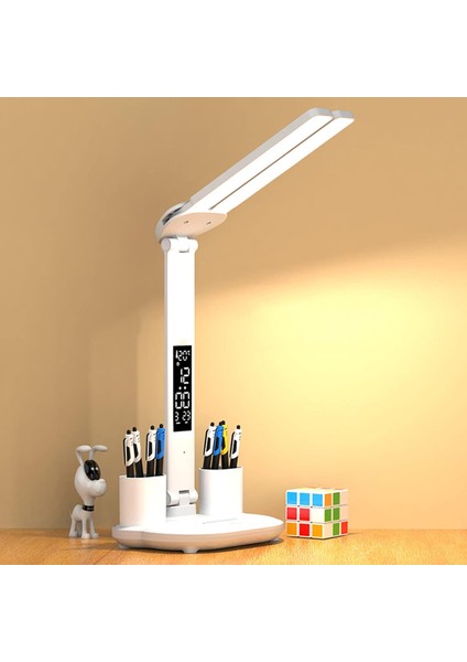 Ht-30 Çok Işlevli Şarjlı Dokunmatik LED Masa Lambası Dijital Saat Ayarlanabilir Çift Kafa Sarı Beyaz Işık Kalemlik 3 Mod fiyatları