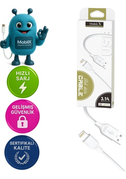 Mobilx Mu-01 USB To Lightning Şarj ve Data Kablosu (1m) – iPhone Uyumlu, 3.1A Hızlı Şarj