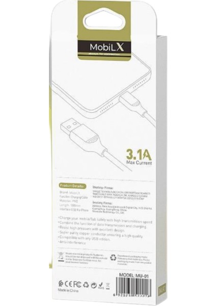 Mobilx Mu-01 USB To Lightning Şarj ve Data Kablosu (1m) – iPhone Uyumlu, 3.1A Hızlı Şarj modelleri