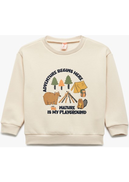 Uzun Kollu Şardonlu Bisiklet Yaka Baskılı Sweatshirt